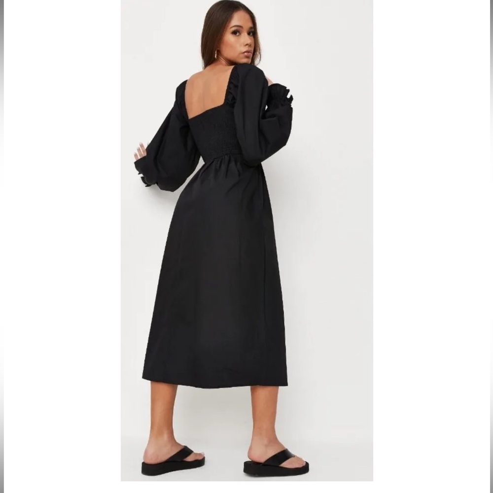 Misguided Smocked Black Midi Dress - Picture 2 of 8